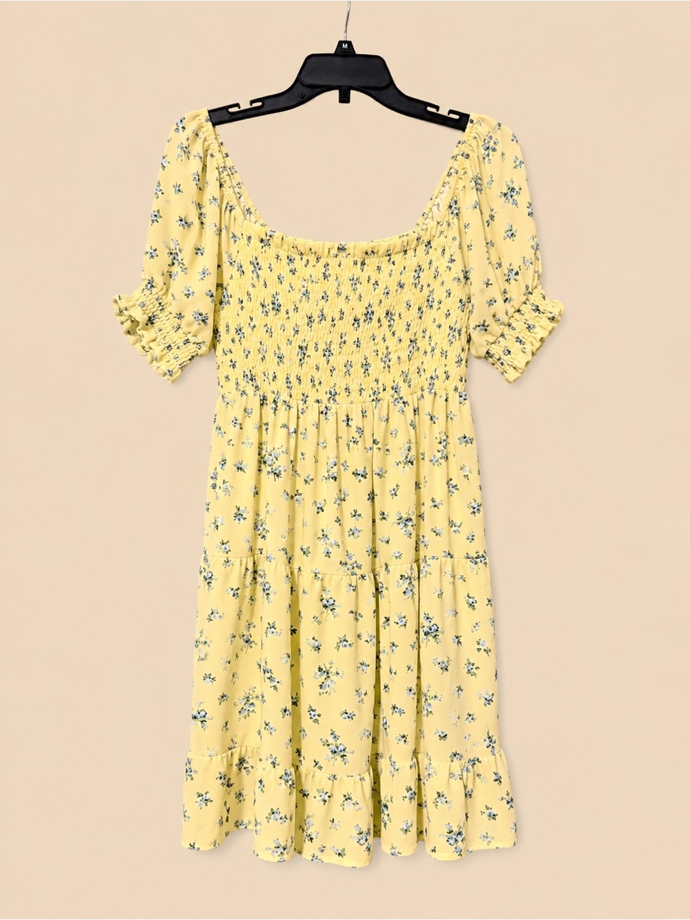 Smocked Square-Neck Midi Dress in Yellow Floral Medium